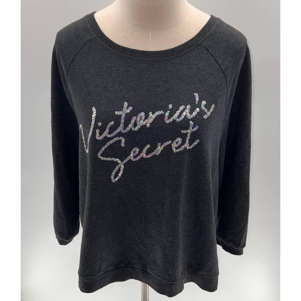 Victoria's Secret Gray with Sequin Graphic Crew Neck Pull Over Sweater- M